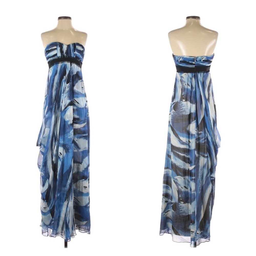 BCBGMAXAZRIA blue black watercolor print silk strapless maxi dress
